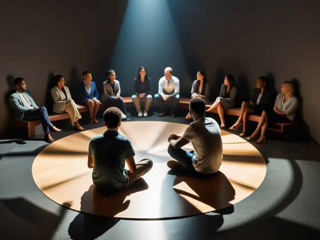 Reunión en penumbra de personas escuchando atentamente a un líder, expresiones de preocupación y curiosidad