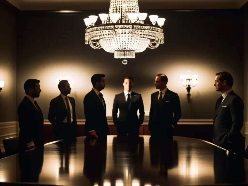 Reunión en penumbra de la secta NXIVM, con aura de misterio y exclusividad en torno a la mesa de conferencias iluminada por una lámpara colgante