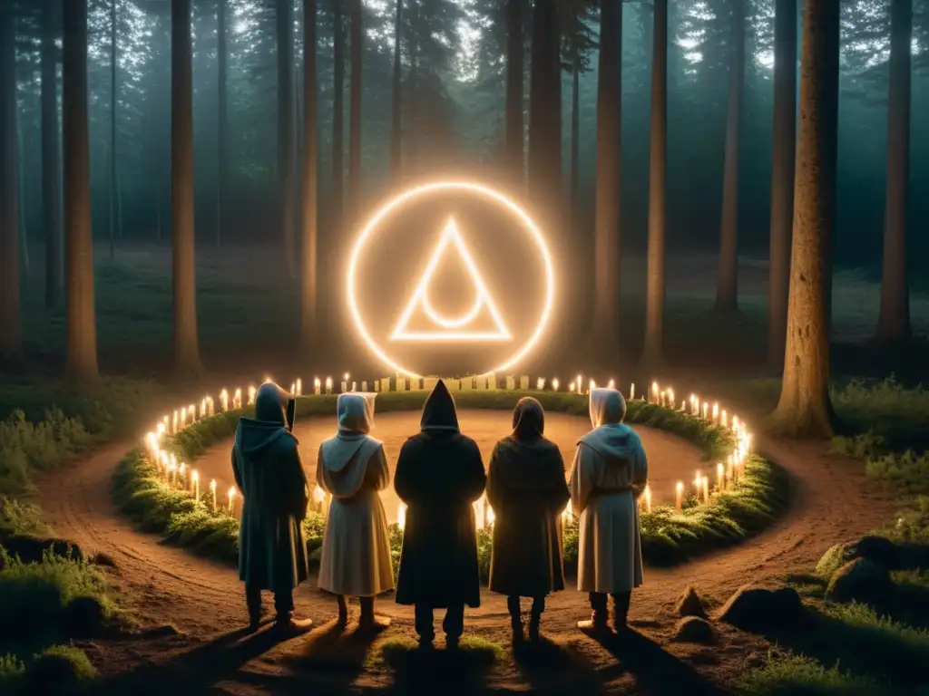 Rituales misteriosos en el bosque: secta moderna bajo la luz de las velas Reunión secreta de una secta moderna en el bosque con figuras encapuchadas alrededor de un símbolo, evocando misterio y ritual