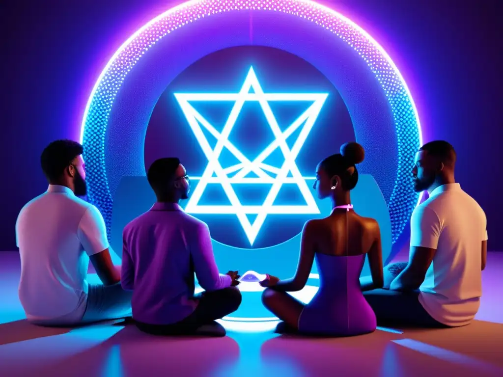 Ritual digital de diversidad y unidad en arte minimalista Un ritual digital que desafía la cohesión comunitaria con cultos digitales en un ambiente futurista de azules y morados