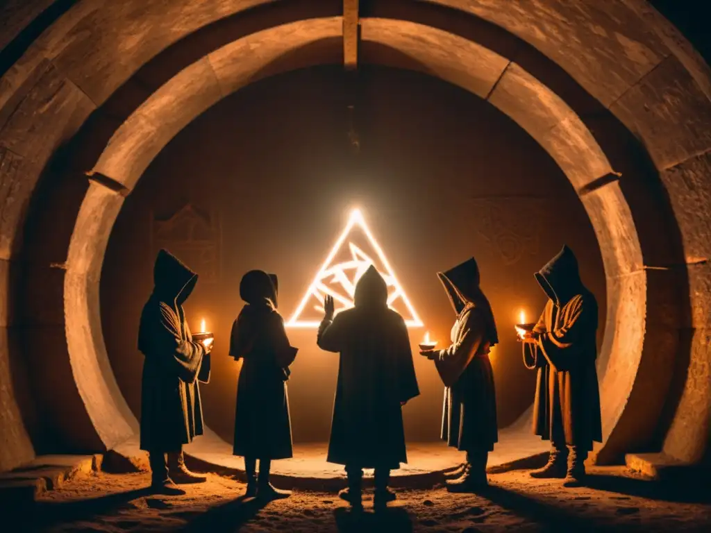 Ritual de iniciación misterioso en cámara subterránea Rituales de iniciación en sectas: Figuras encapuchadas realizan misterioso ritual alrededor de símbolo brillante en cámara subterránea