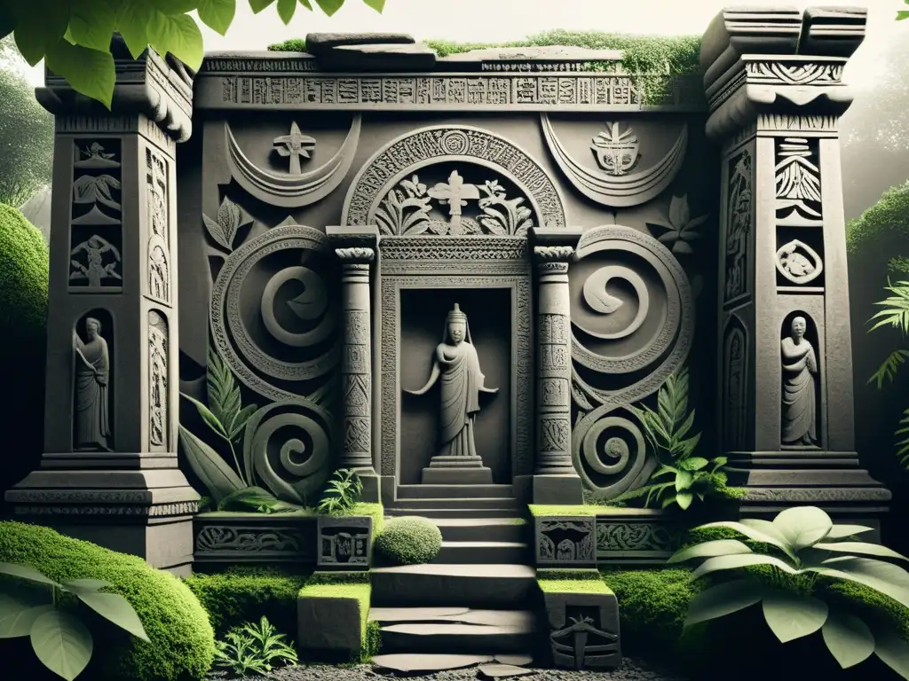 Ruinas antiguas cubiertas de vegetación y símbolos espirituales, legados y enseñanzas de cultos tallados en piedra