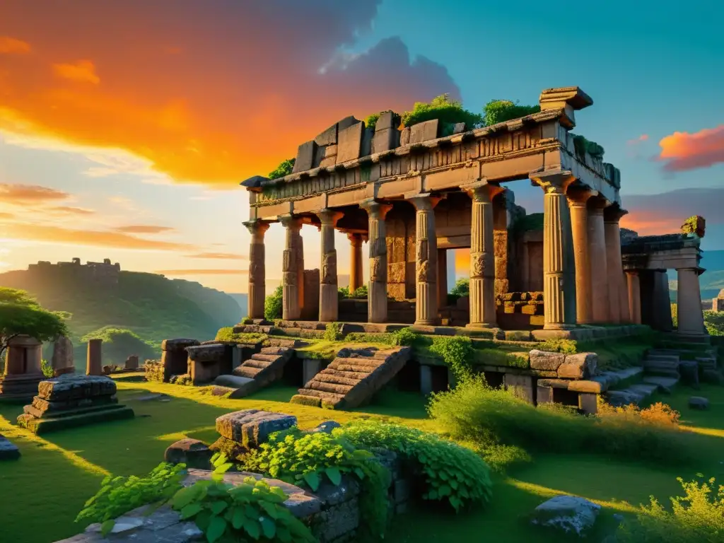 Ruinas antiguas con vegetación exuberante, bañadas por un atardecer vibrante