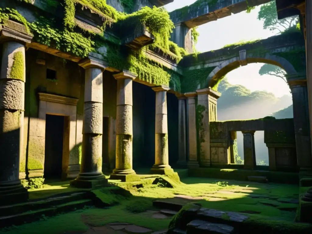 Templo antiguo perdido en la selva: misterio y abandono en ruinas Ruinas antiguas de un templo cubierto por la selva, evocando la misteriosa secta religiosa Guerreros de Goel