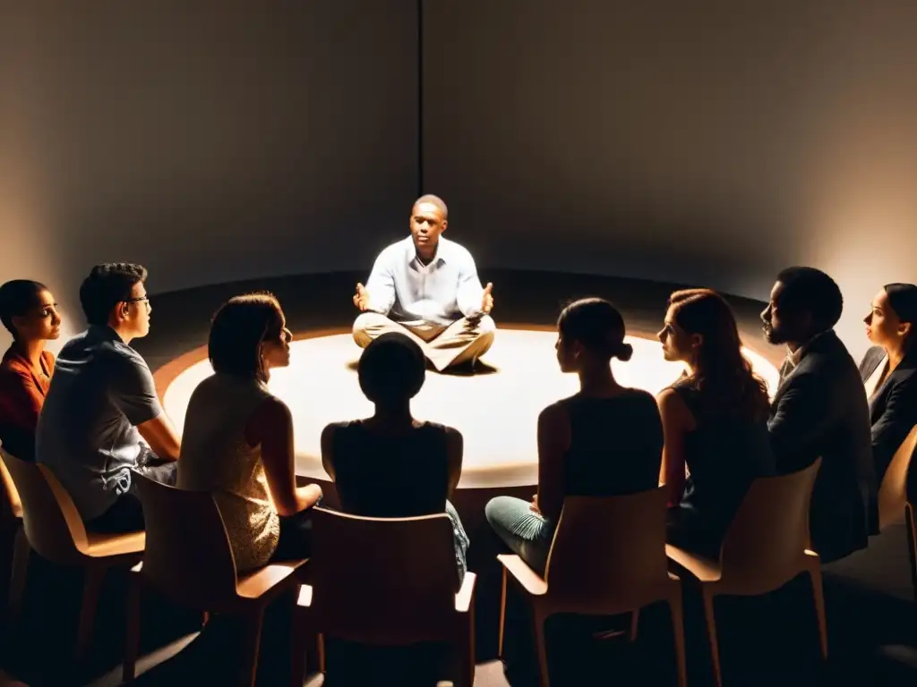 En una sala tenue, un líder carismático habla mientras otros escuchan con atención