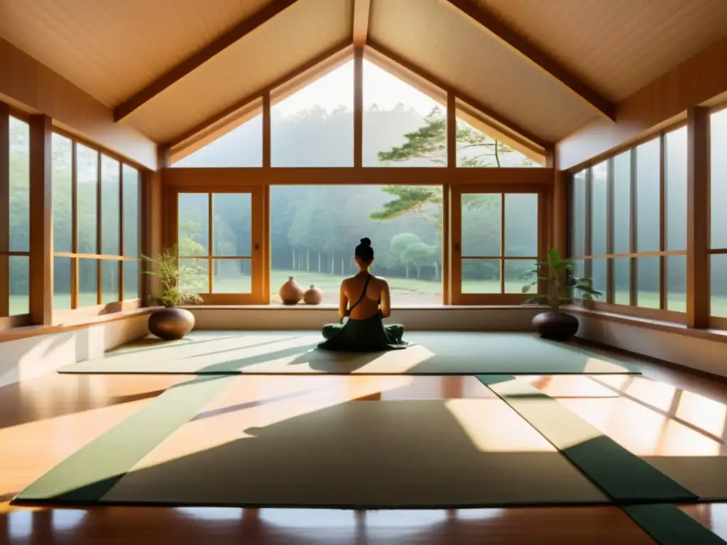 Serenidad en la sala de meditación de Rajneeshpuram Un santuario sereno en Rajneeshpuram, con luz natural iluminando la sala de meditación