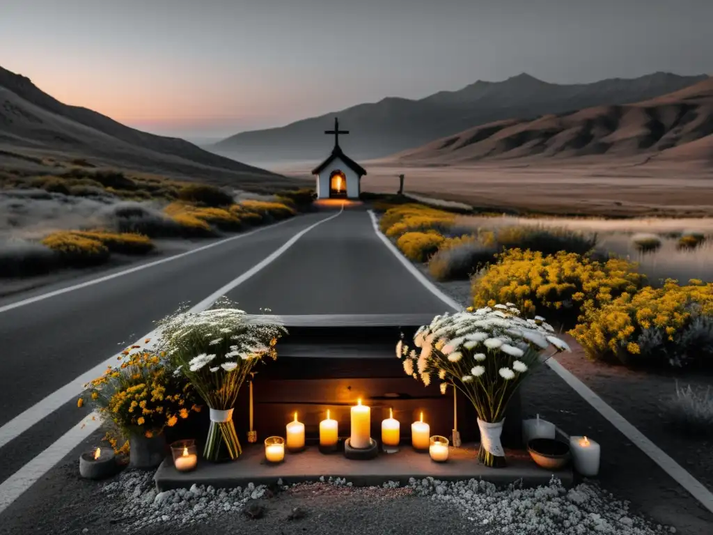 Santuario solitario: devoción y desolación en México Un santuario solitario y desgastado se alza en un paisaje desolado, con velas y flores marchitas