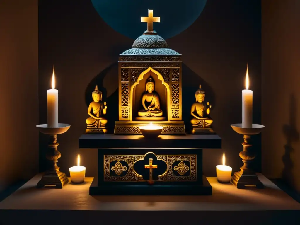 Santuario en penumbra: misterio y devoción en México Un santuario tenue, adornado con figuras religiosas y ofrendas, iluminado por velas