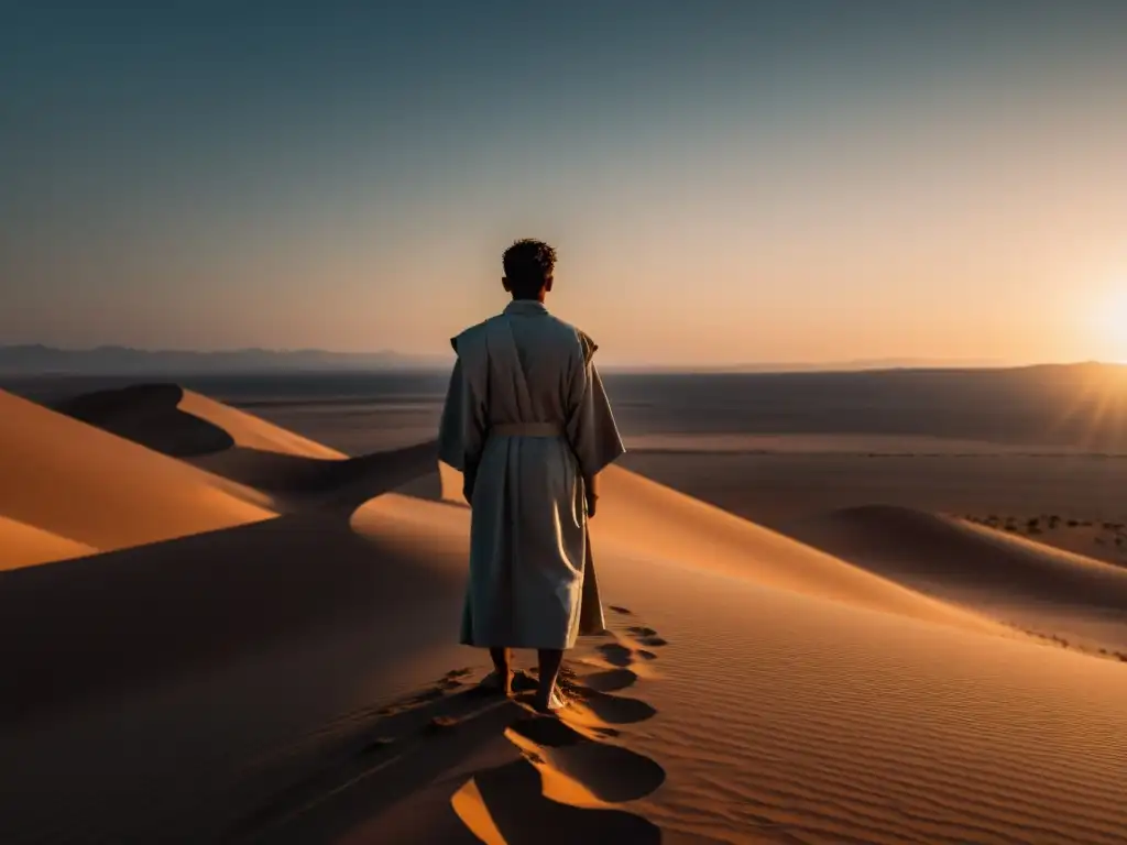 Michael Travesser líder de secta Señor Justicia en el desierto, con una intensa serenidad en su rostro, proyectando un aura enigmática y espiritual