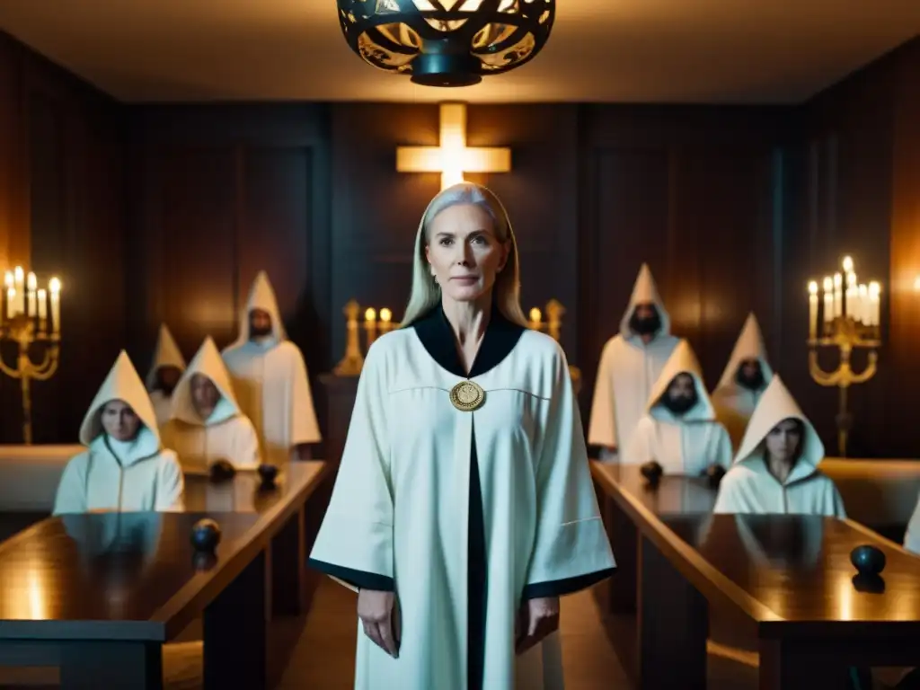 Anne Hamilton-Byrne: Líder misteriosa de La Familia Anne Hamilton-Byrne y su secta La Familia, en una sala misteriosa con seguidores vestidos de blanco