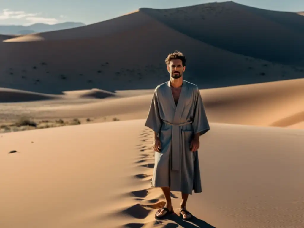 Michael Travesser, líder de la secta Señor Justicia, de pie en un paisaje desértico, con el sol creando contrastes profundos