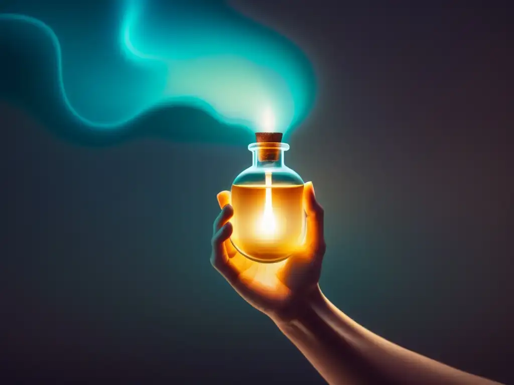 Anhelo etéreo: la búsqueda de la inmortalidad Un ser alcanza un elixir irreal en un ambiente onírico y misterioso