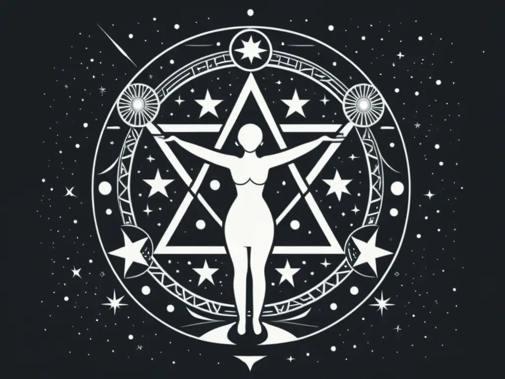 Un ser en posición ritual dentro del hexagrama, rodeado de elementos simbólicos