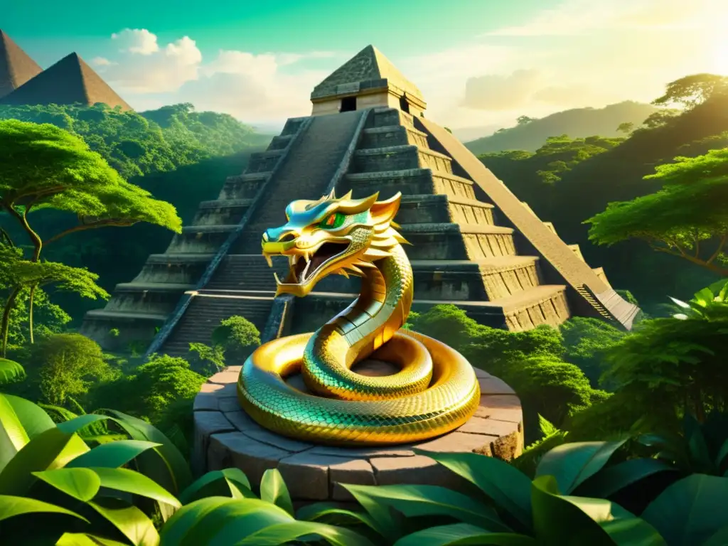 Espectacular serpiente dorada en la jungla Una serpiente dorada enroscada alrededor de una pirámide de piedra, con ojos de esmeralda brillando en la luz del sol