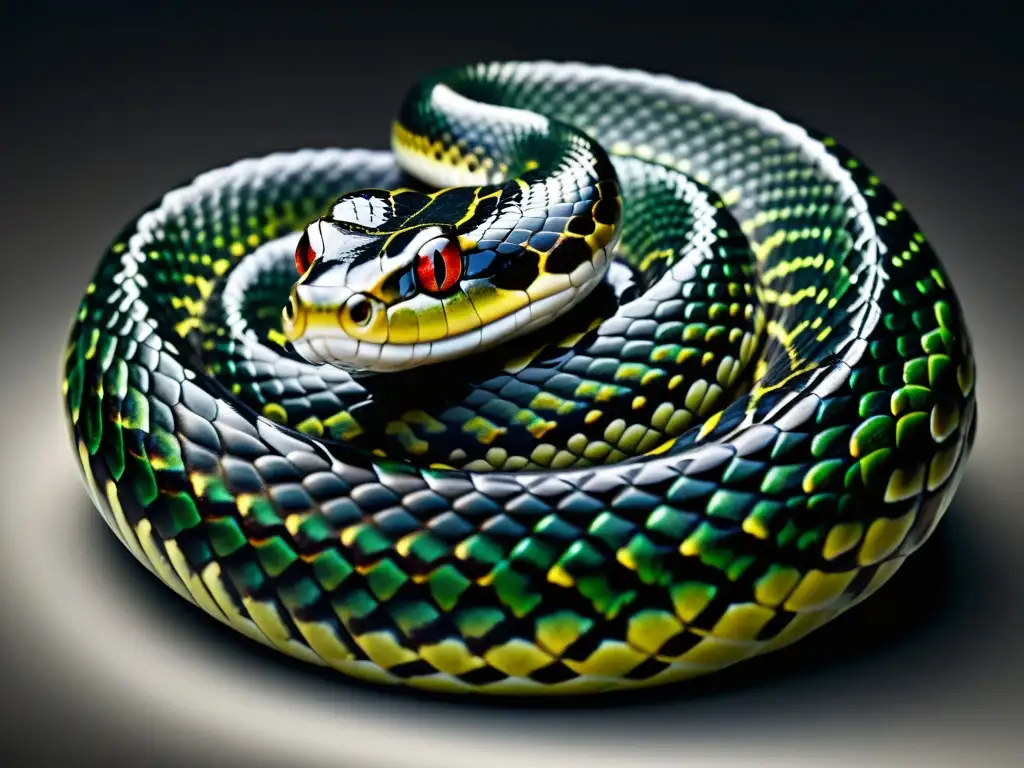 Serpiente en primer plano: detalle asombroso y mirada hipnótica Una serpiente en primer plano, con escamas detalladas y una mirada intensa