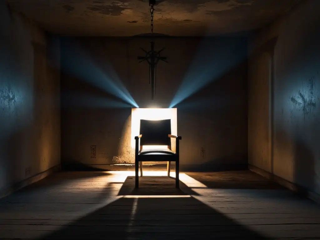 Sala de tortura con silla ominosa: testimonios de víctimas Una habitación lúgubre con una silla en el centro, repleta de símbolos inquietantes y marcas crípticas