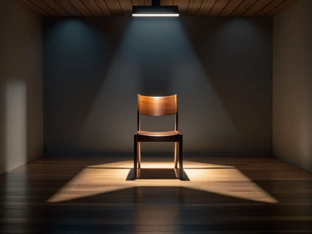 Solitaria silla de madera bajo un foco Una silla de madera solitaria bajo un foco, en una habitación tenue, evocando la definición de poder en cultos con aislamiento y confinamiento
