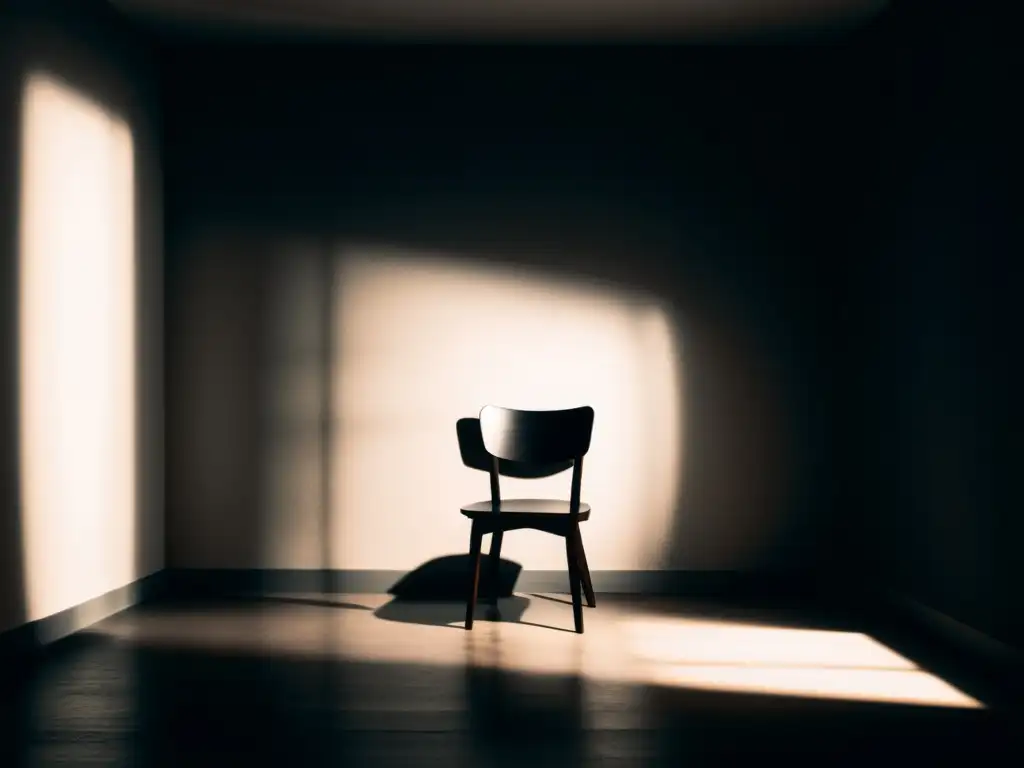 Una silla solitaria en una habitación oscura evoca una atmósfera inquietante y tensa, con un sutil toque de desasosiego