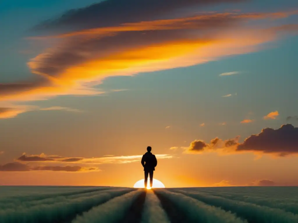 Figura solitaria en campo abierto al atardecer Silueta en campo al atardecer, evocando paz y libertad para exmiembros cultos