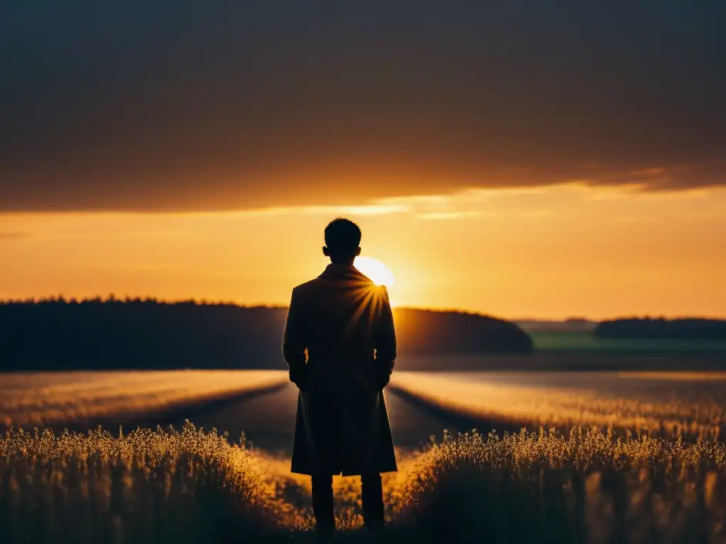 Amanecer de esperanza: Liberación de un culto Silueta en campo al amanecer, contemplando horizonte