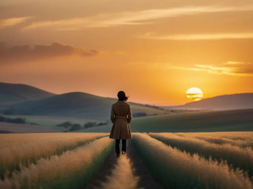 Silueta contemplativa en campo abierto al atardecer, transmitiendo esperanza y el desafío laboral en cultos