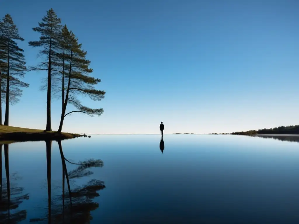 Silueta contemplativa en lago sereno, reflejos de árboles y cielo azul transmiten calma
