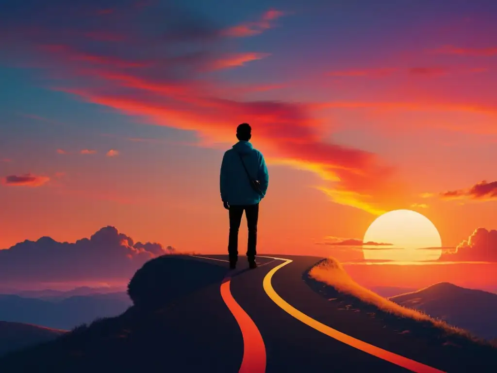 Camino hacia la libertad: Silueta en atardecer vibrante Silueta en cruce de caminos con atardecer vibrante, simbolizando la transición hacia la libertad