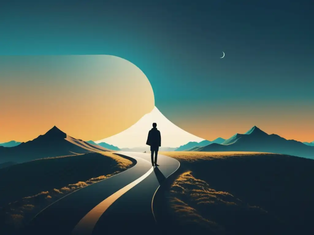 Silueta en encrucijada: camino hacia luz simboliza desarrollo personal, el oscuro sectas