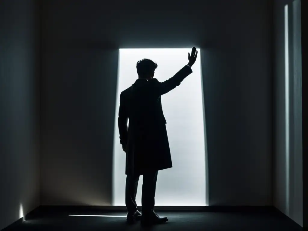 Silueta imponente en habitación tenue, evocando manipulación psicológica en cultos