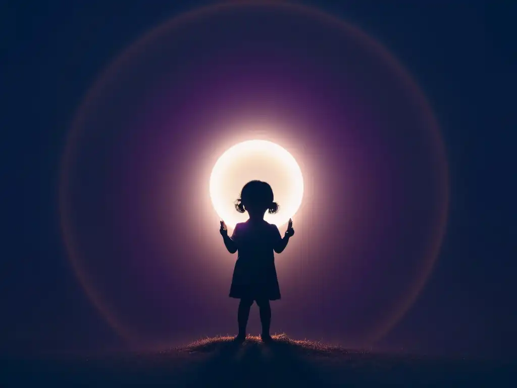 Silueta infantil en círculo de luz, esperanza en la oscuridad