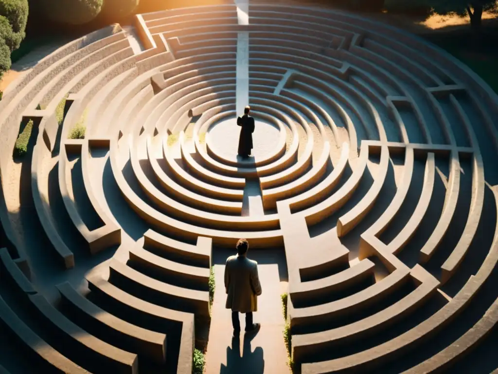 Silueta en laberinto iluminado, evocando calma y reflexión