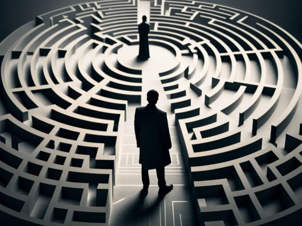 Intrincado laberinto de sombras: la manipulación psicológica en cultos Silueta en laberinto: manipulación psicológica en sectas, sombras y caminos intrincados en escala de grises
