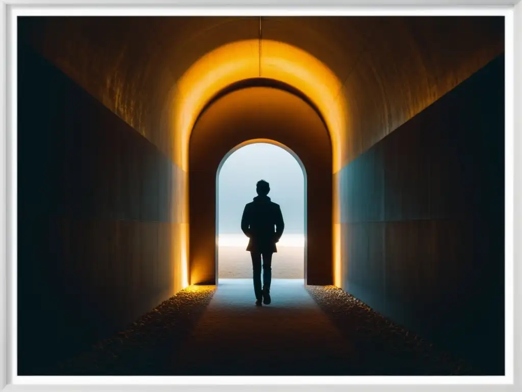 Esperanza en la oscuridad: Camino hacia la luz Silueta camina hacia la luz brillante al final del túnel oscuro, simbolizando esperanza y nuevos comienzos para exmiembros de sectas historias esperanza