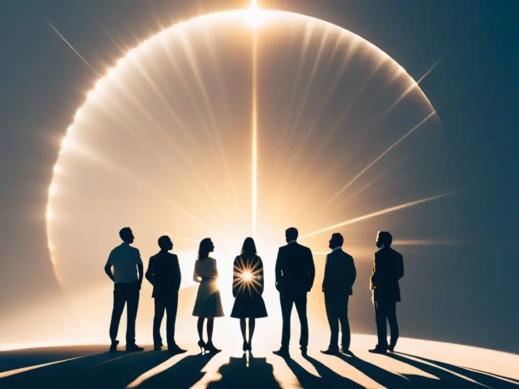 Unidad espiritual: personas en círculo bajo luz Silueta de personas en círculo bajo rayos de sol