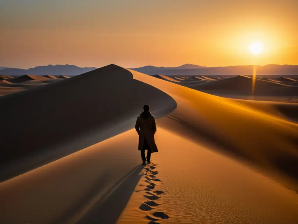 Silueta solitaria en un desierto al atardecer, evocando la manipulación psicológica en cultos