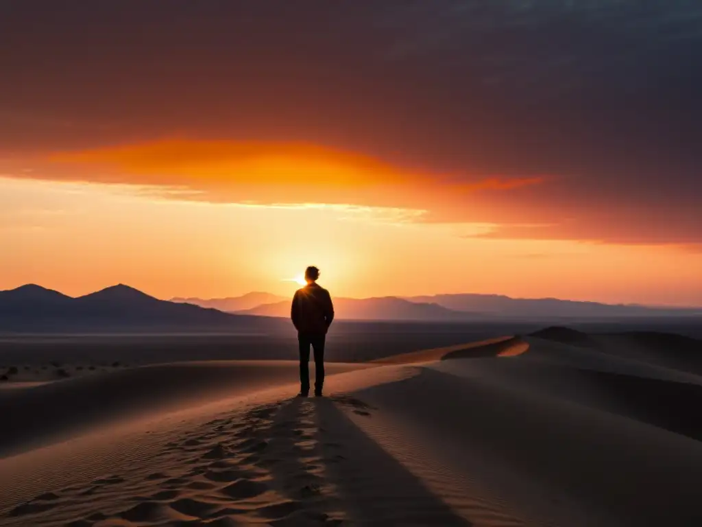 Silueta solitaria en el desierto al atardecer, evocando la lucha interna tras manipulación psicológica en cultos