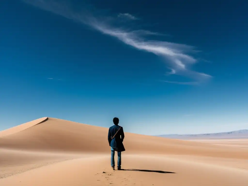 Silueta solitaria en desierto, mirando al cielo en introspección