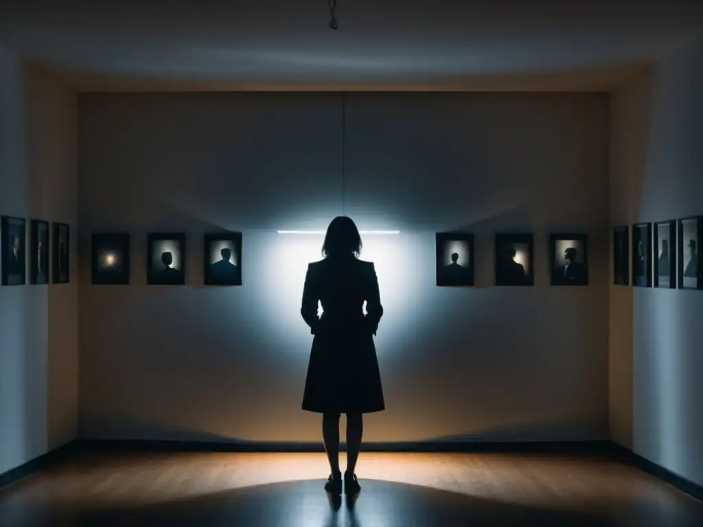 Silueta solitaria frente a fotos de desaparecidos en cuarto sombrío, evocando pérdida y anhelo en desapariciones forzadas en cultos