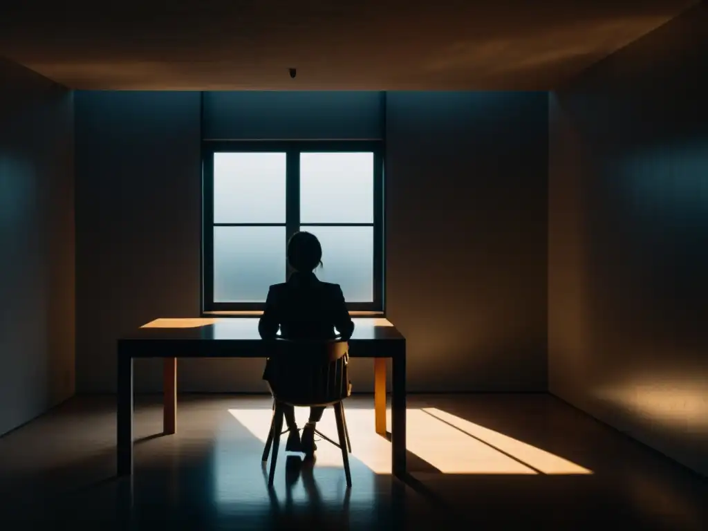 Silueta solitaria en habitación tenue: aislamiento y vulnerabilidad Silueta solitaria en habitación tenue, reflejando control mental en cultos destructivos