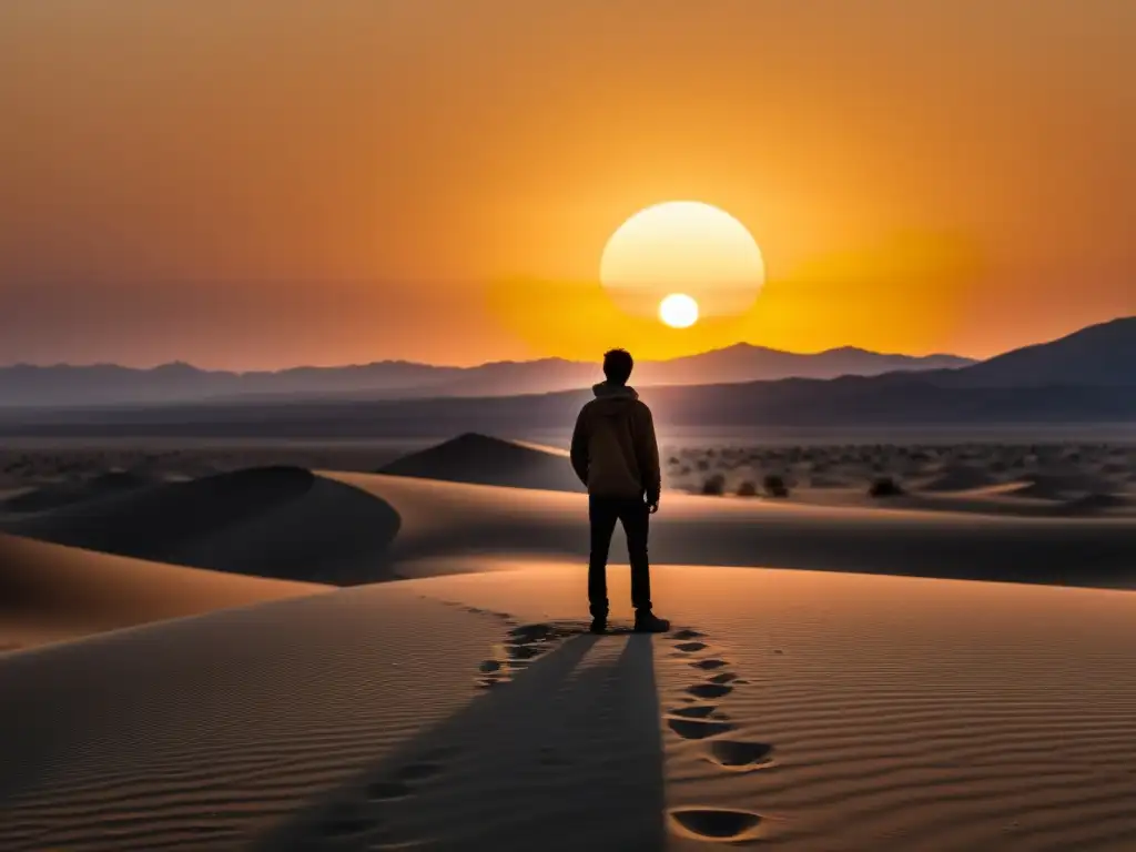Silueta solitaria en desierto al atardecer Silueta solitaria en un vasto desierto al atardecer, reflejando introspección y reinvención del yo en cultos