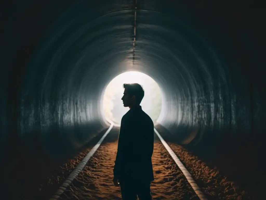Silueta en túnel oscuro, luz al final