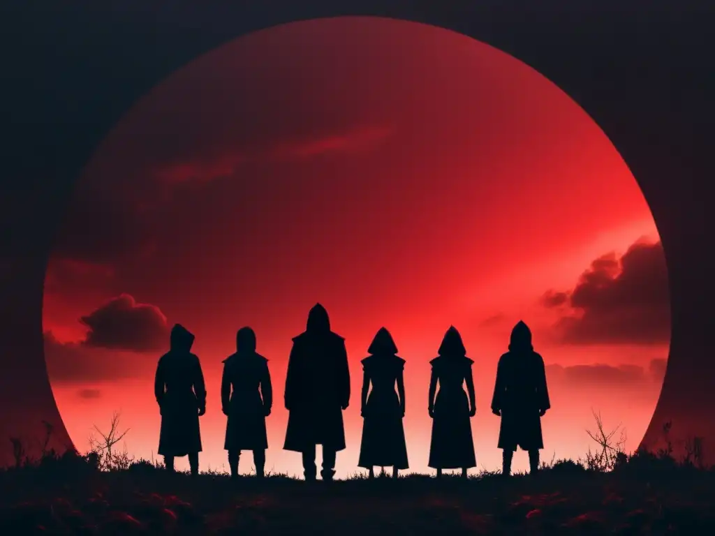Siluetas en círculo de figuras encapuchadas, con un cielo rojo sangre
