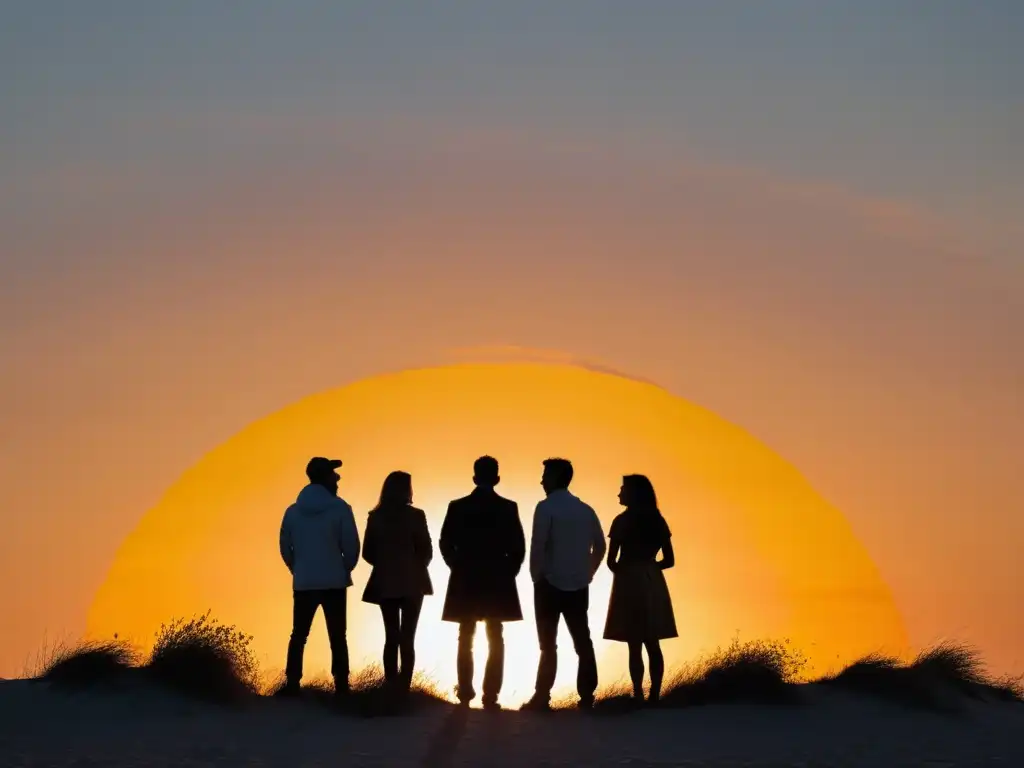 Siluetas en círculo frente a un vibrante atardecer, evocando el origen y surgimiento de cultos