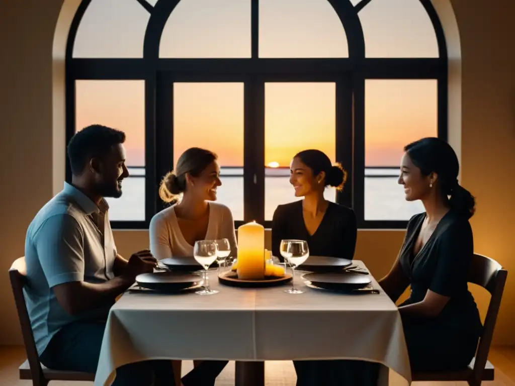 Unidad familiar al atardecer: protección y amor Siluetas familiares unidas en la mesa durante el atardecer cálido, protegiéndose del impacto de nuevas sectas en la unidad familiar