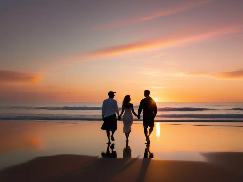Apoyo fraternal en la playa al atardecer Siluetas hermanos caminan de la mano en la playa al atardecer, simbolizando apoyo mutuo en recuperación de exmiembros de cultos