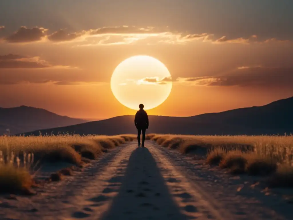 Figura silueteada se enfrenta a un horizonte brillante al atardecer, evocando la liberación y la esperanza