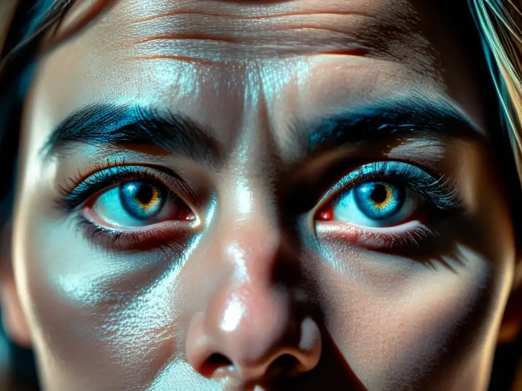 Mirada intensa revela impacto emocional Síndrome de Estocolmo Espiritual: ojos intensos reflejan miedo y determinación en exmiembros cultos, con sombras dramáticas