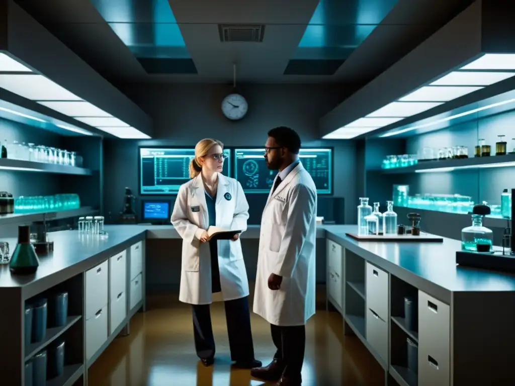 En un siniestro laboratorio gubernamental, figuras en batas blancas realizan experimentos en sujetos, con símbolos ocultos evocando intriga y misterio
