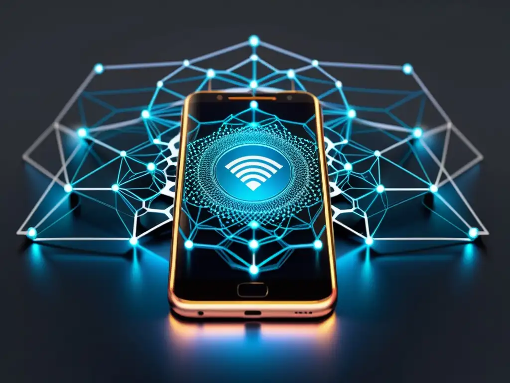 Smartphone futurista conectado: el poder de la tecnología Un smartphone moderno con líneas interconectadas, simbolizando el poder en cultos y tecnología, sobre fondo minimalista