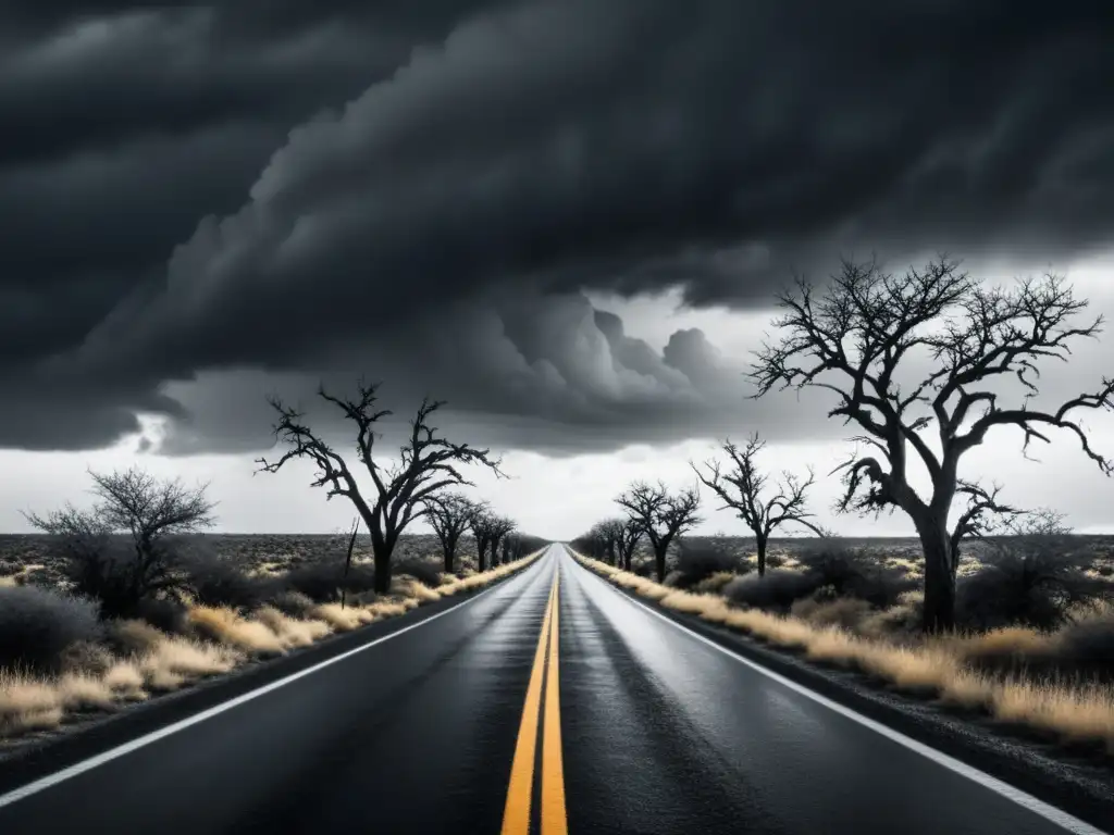 Camino sombrío y desolado de La Secta Solar Un solitario camino serpenteante bajo un cielo oscuro y amenazante, bordeado de árboles desnudos